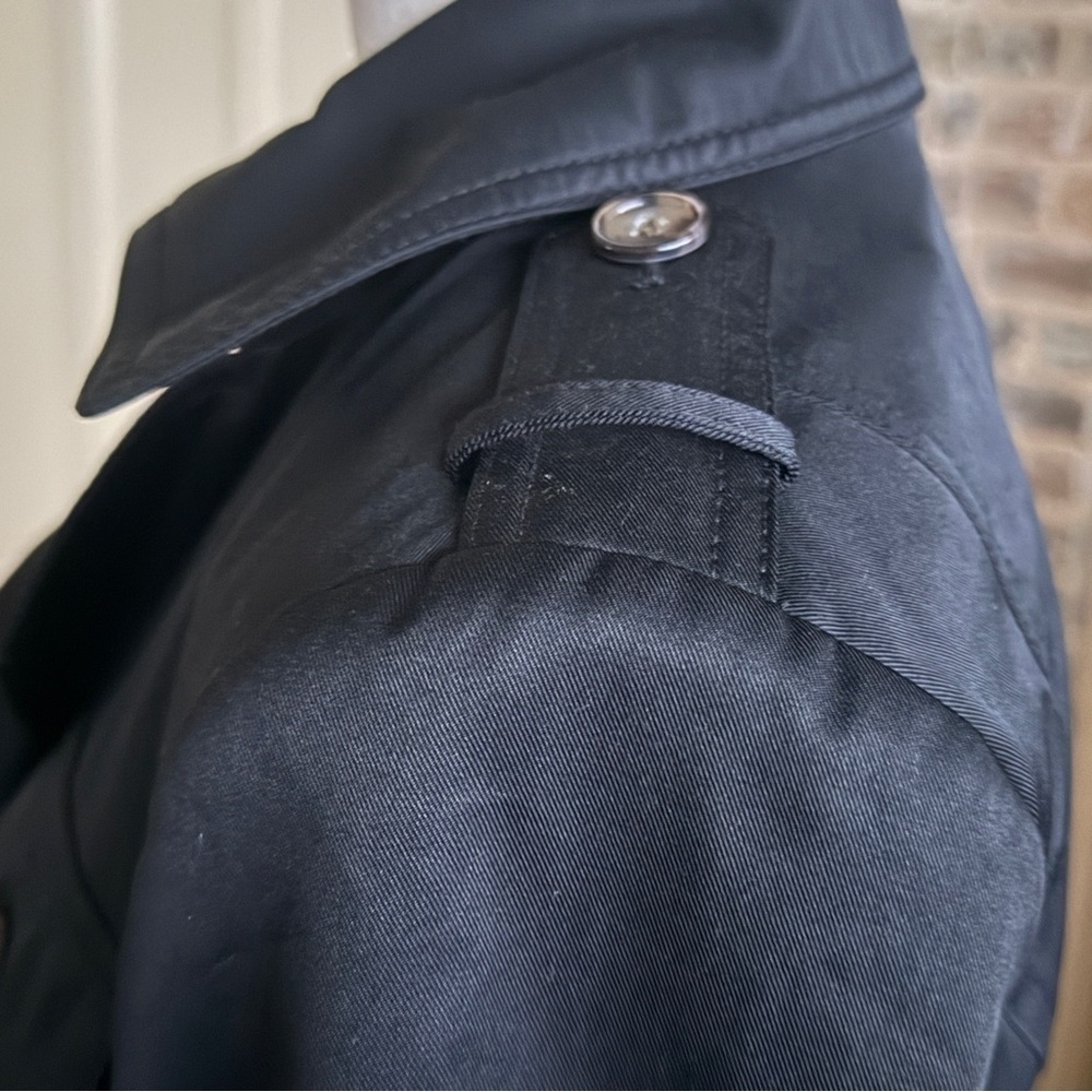 Gallery Black Short Belted Trench Coat Button Details - Picture 13 of 16